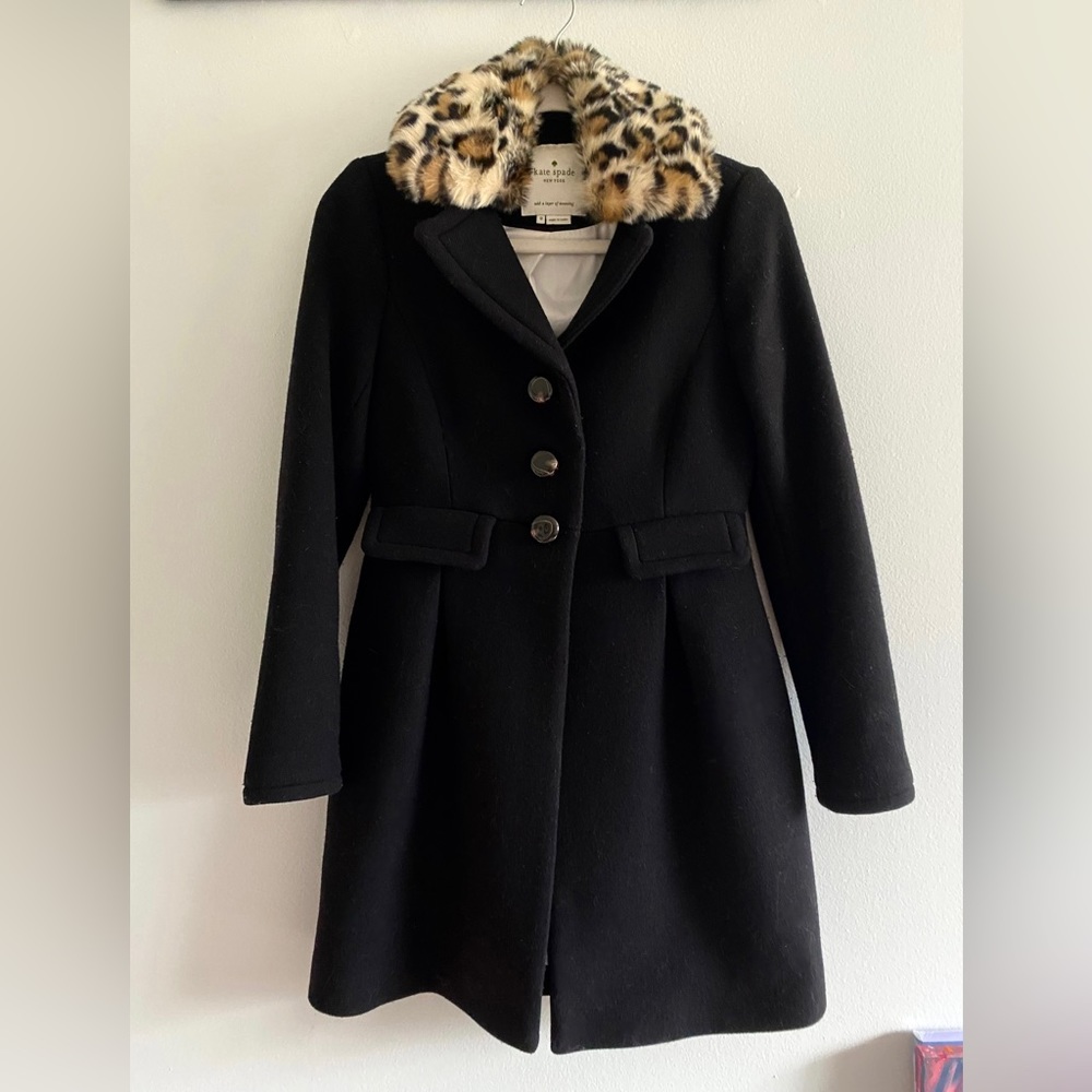 Kate Spade Wool Coat - Detachable Faux Fur Leopard Print Collar